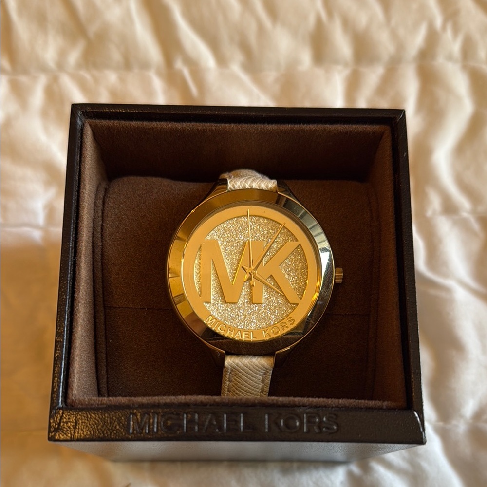 Michael Kors Gold and White Leather Watch